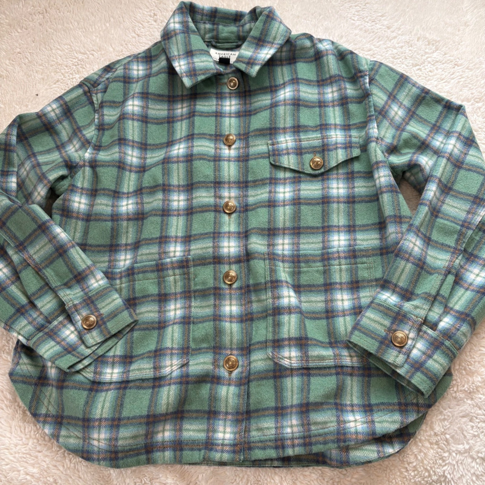 American Eagle Womens Oversized Shacket Green Plaid Fleece Button Fall Casual M